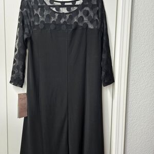 Nina Leonard Black Dress with Polka Dot Mesh Sleeves